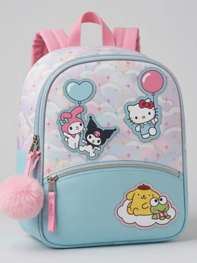 Hello Kitty 9" Backpack W/Pom Pom Dangle Shiny Satin